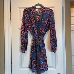 CABI colorful mesh overlay dress with tie waist.